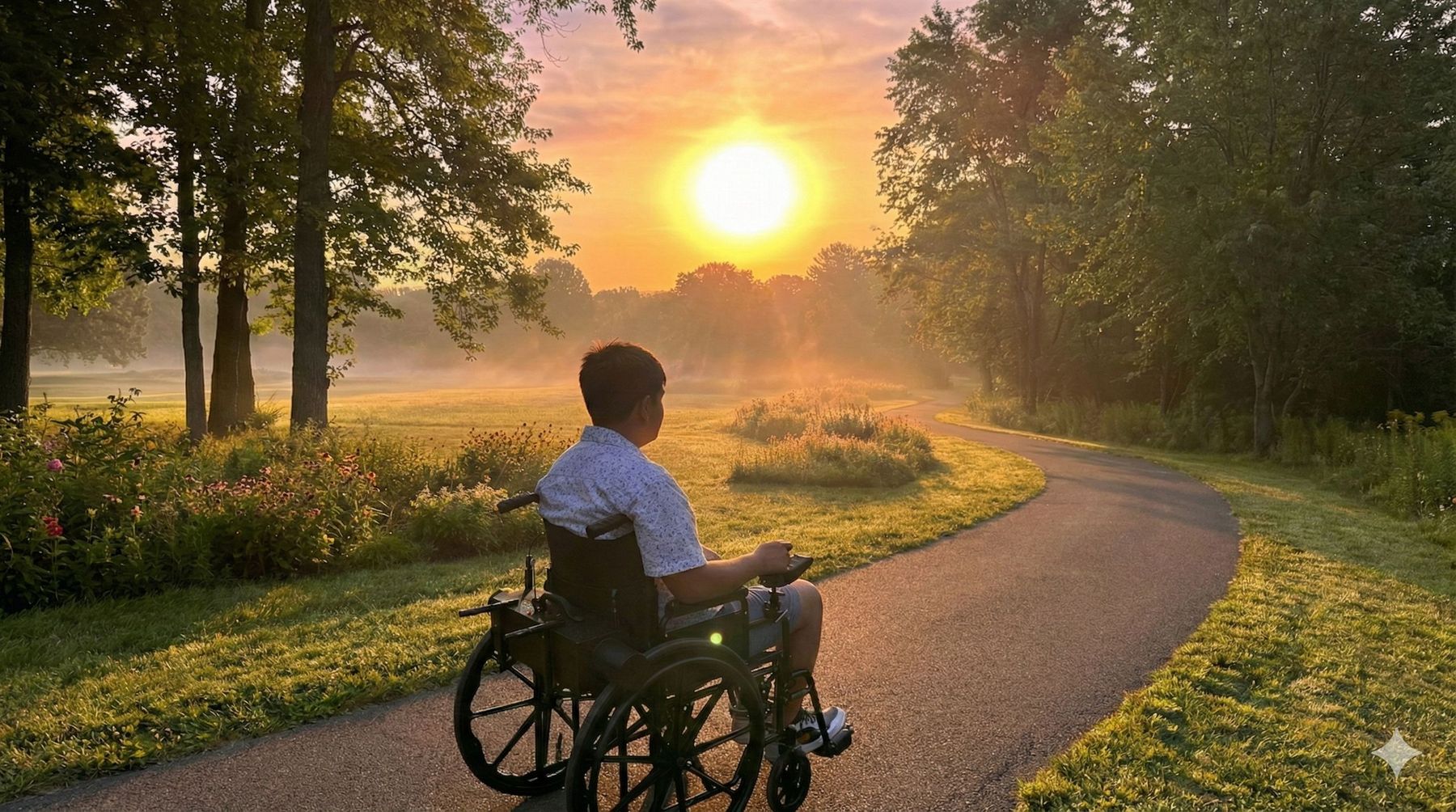 Manual wheelchair user on a tree-lined path at sunset